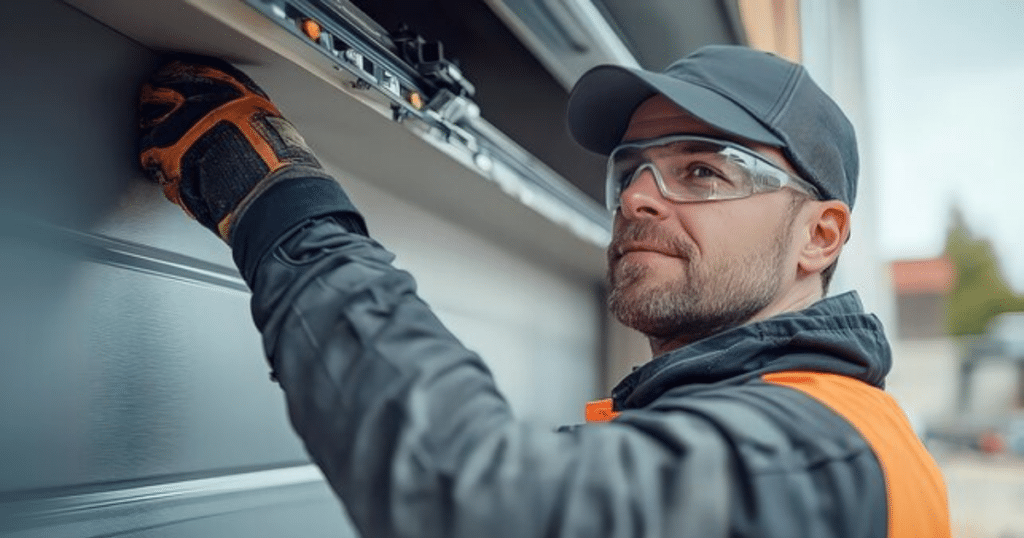 Repairing a garage door wearing safety gears