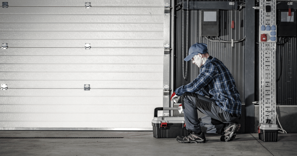 A garage door tech kneels with his toolbox