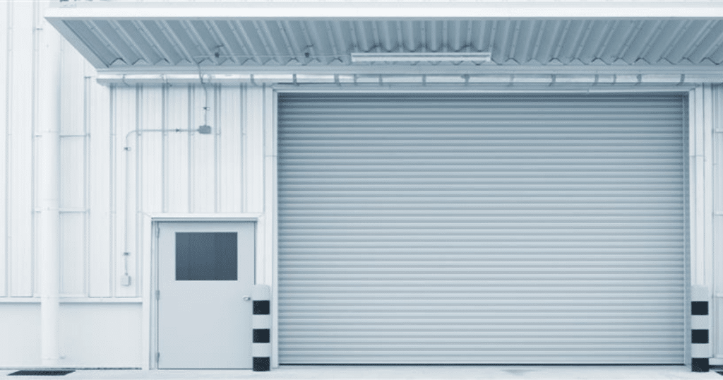 A large industrial garage door closed