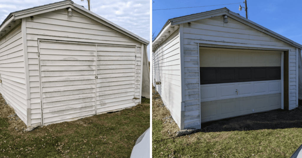 Before and after garage door replacement.