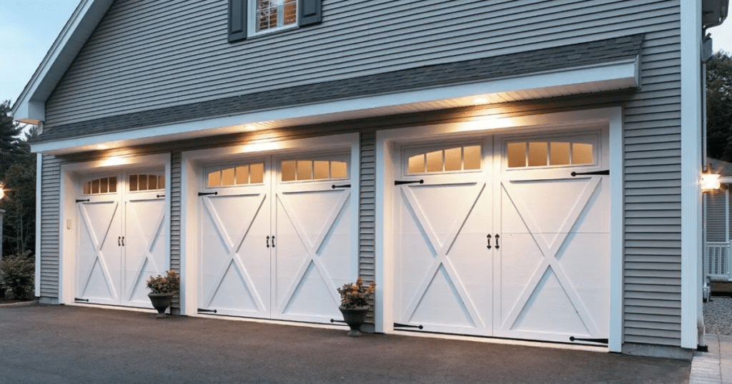 Three white carriage-style garage doors illuminated.