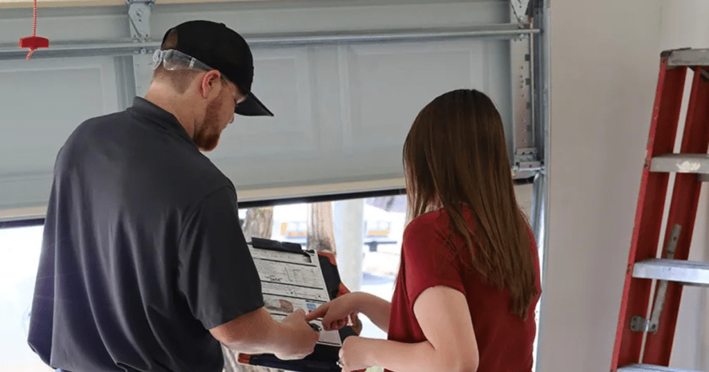 A garage technician and customer reviewing paperwork.